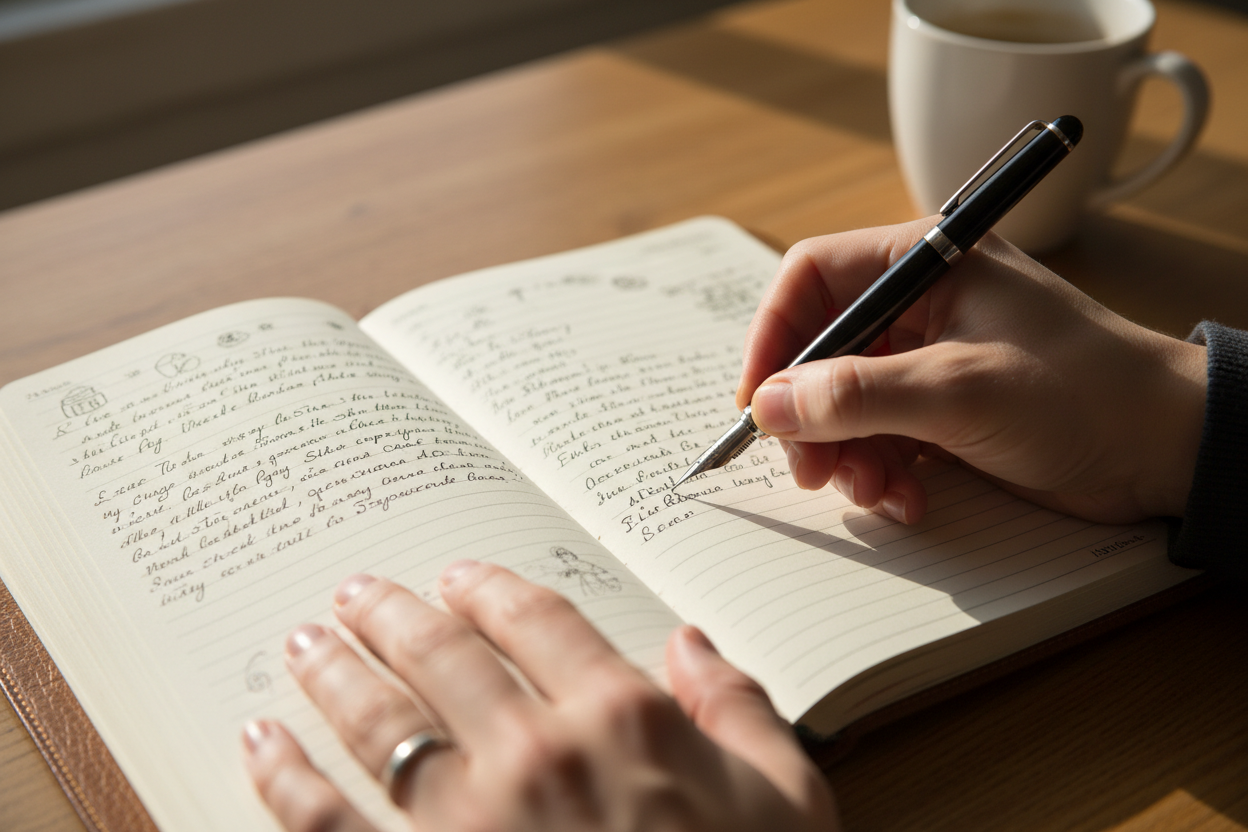 Hands writing in journal